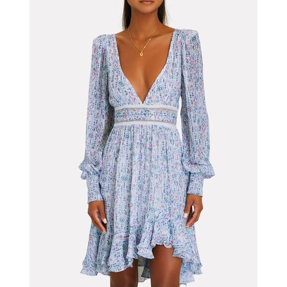 Rococo Sand Floral Lurex Chiffon Mini Dress Blue Multicolor Romantic Petite PP - Picture 1 of 14